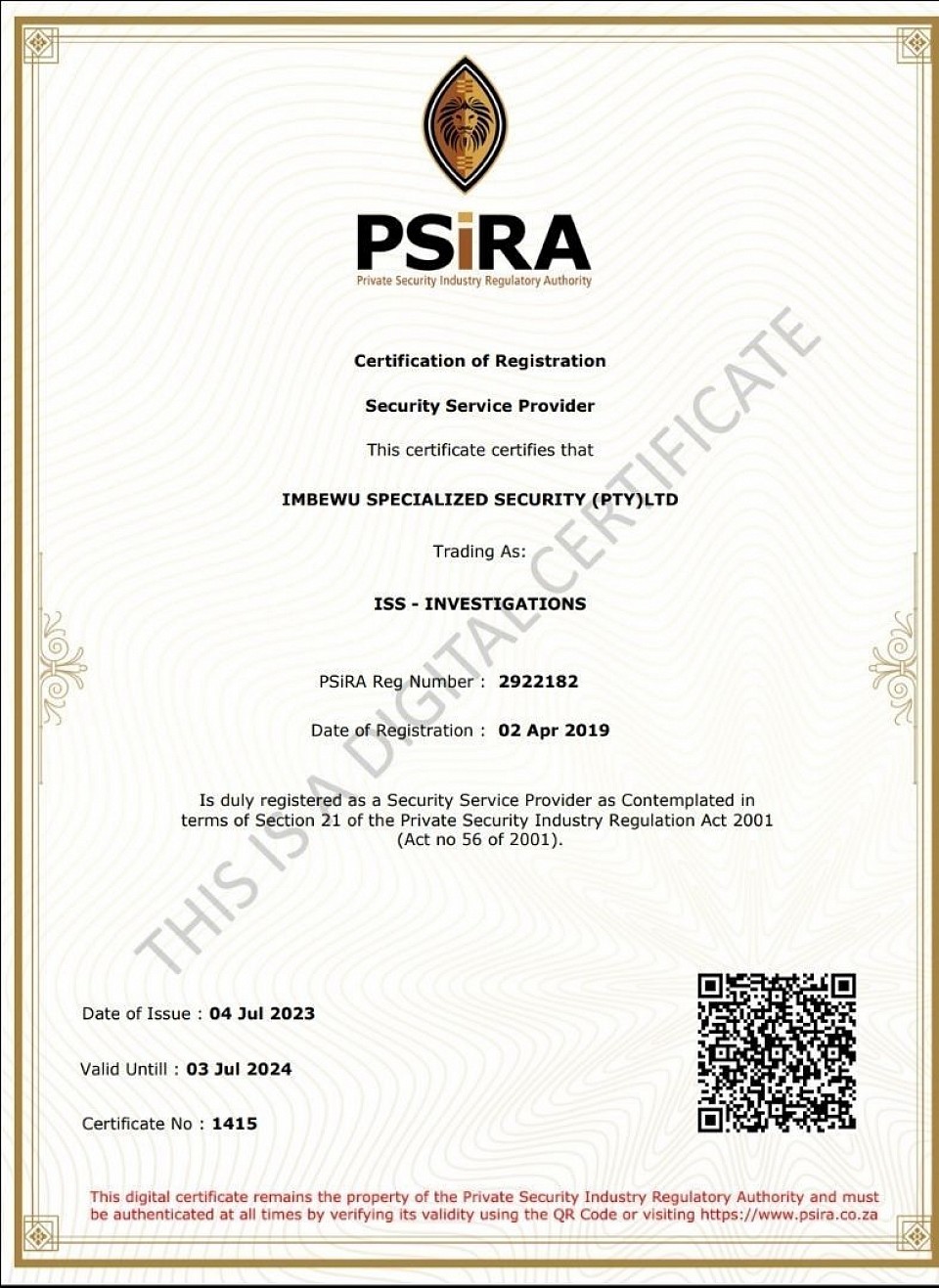PSiRA Certification for ISS-Investigations
